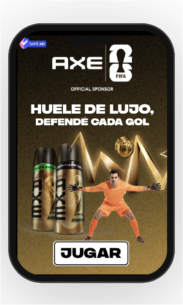 Criativo para celular da Axe e FIFA com a mensagem «Huele de lujo, defendé cada gol» e o botão Jugar