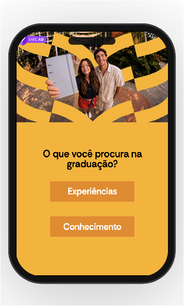 Criativo interativo para celular com uma pergunta sobre a graduação e duas opções de resposta