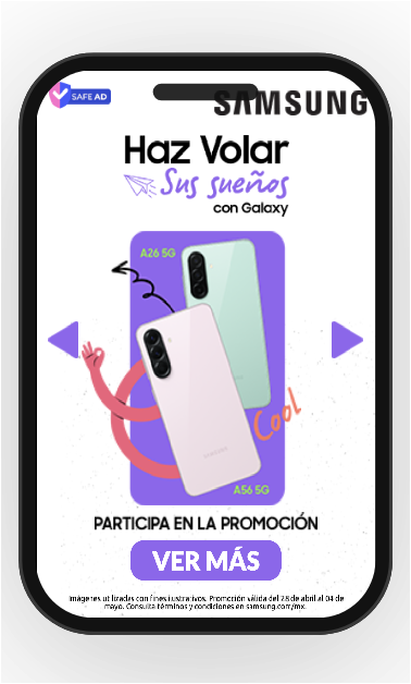 Criativo para celular da Samsung Galaxy com a mensagem «Haz volar sus sueños con Galaxy» e o botão Ver más