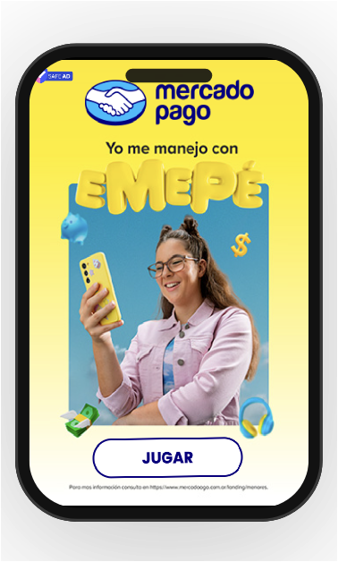 Criativo para celular do Mercado Pago com a mensagem «Yo me manejo con eMepé» e o botão Jugar