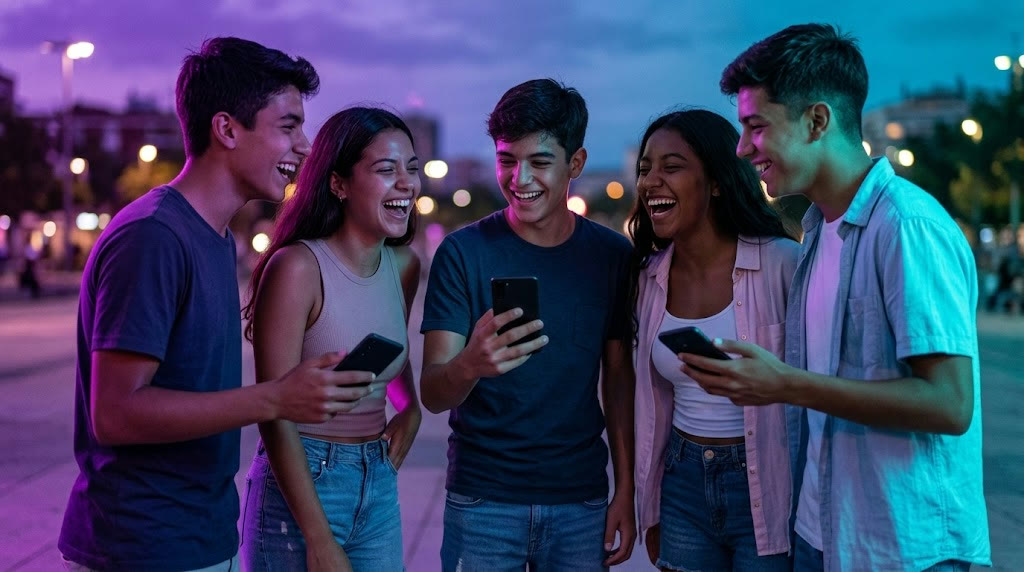Grupo de teens rindo e olhando seus celulares ao entardecer em uma praça