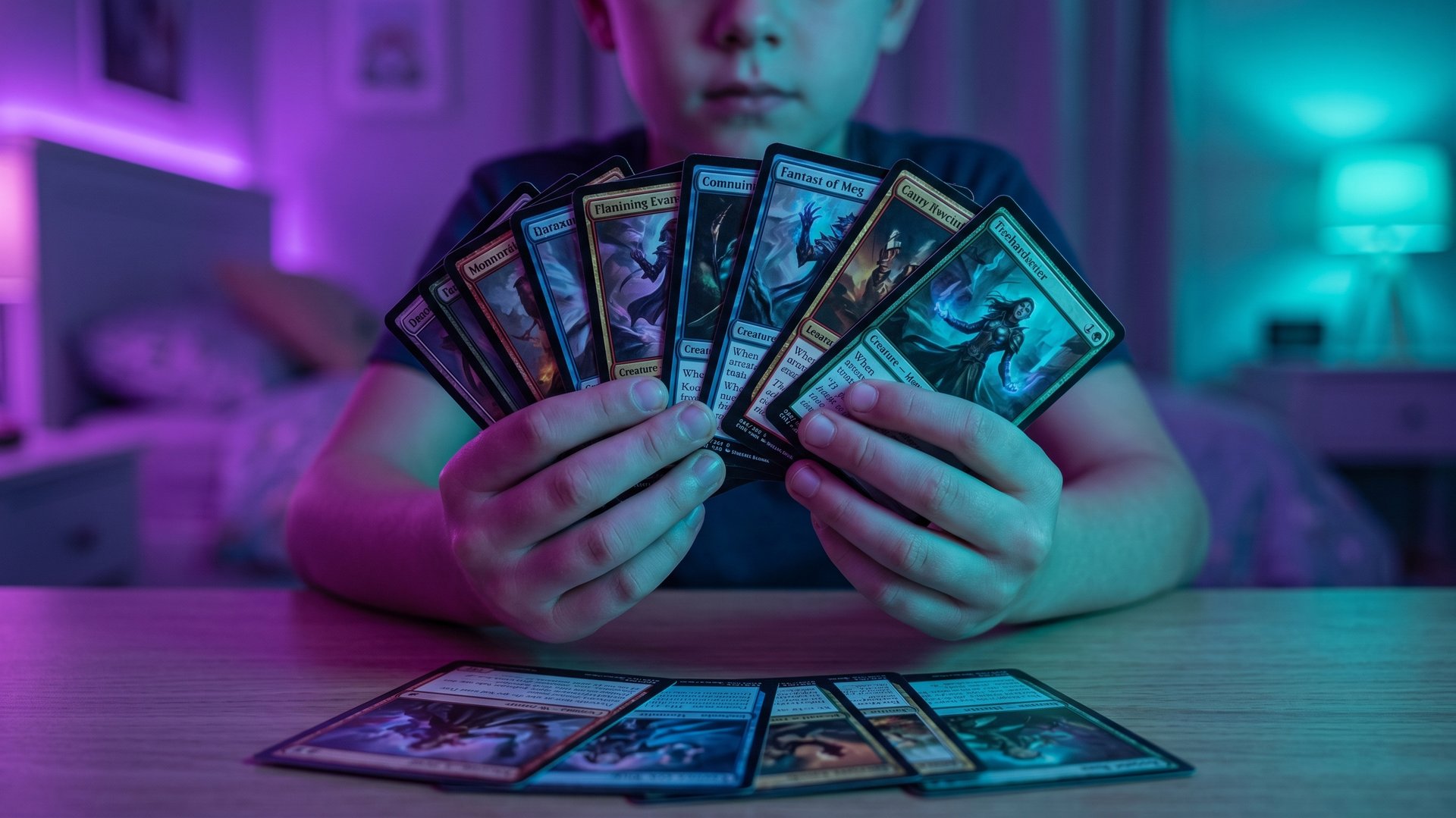 Kid holding a fan of collectible trading cards in a room lit in purple and teal