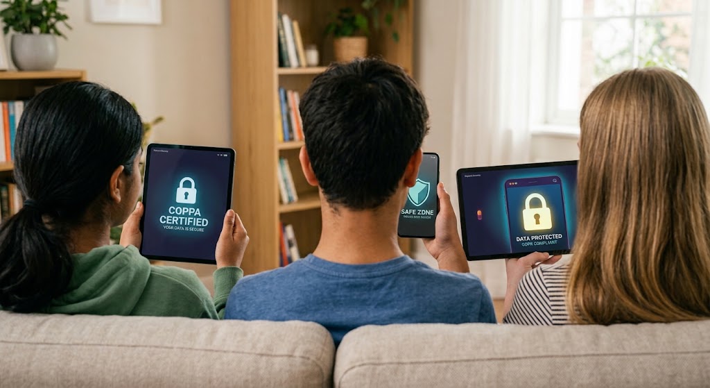 Family checking data-privacy certifications on tablets and phones at home