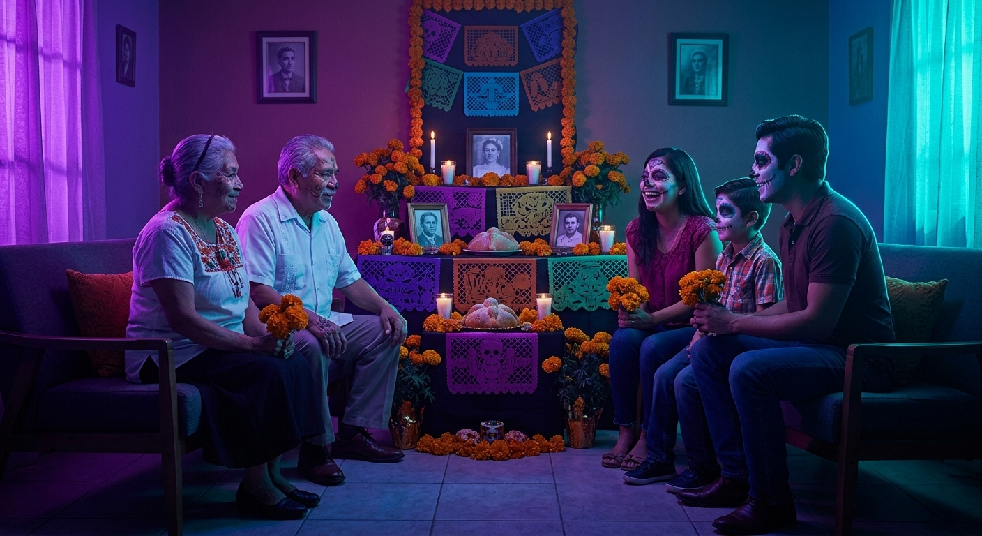Una familia mexicana reunida frente a un altar de Día de Muertos