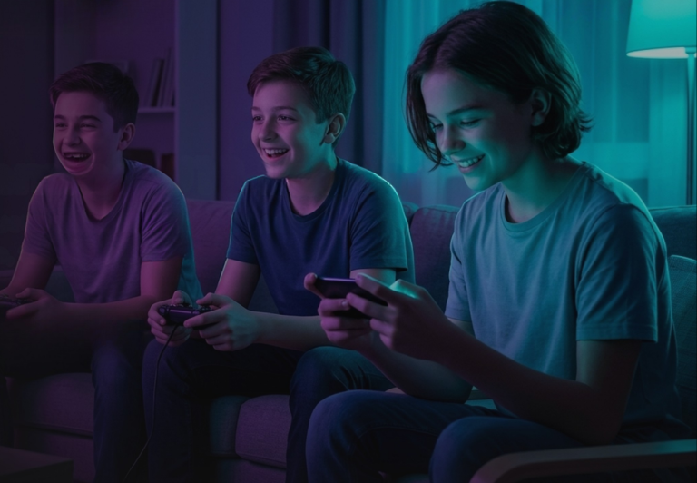 Teens playing video games on phone and console