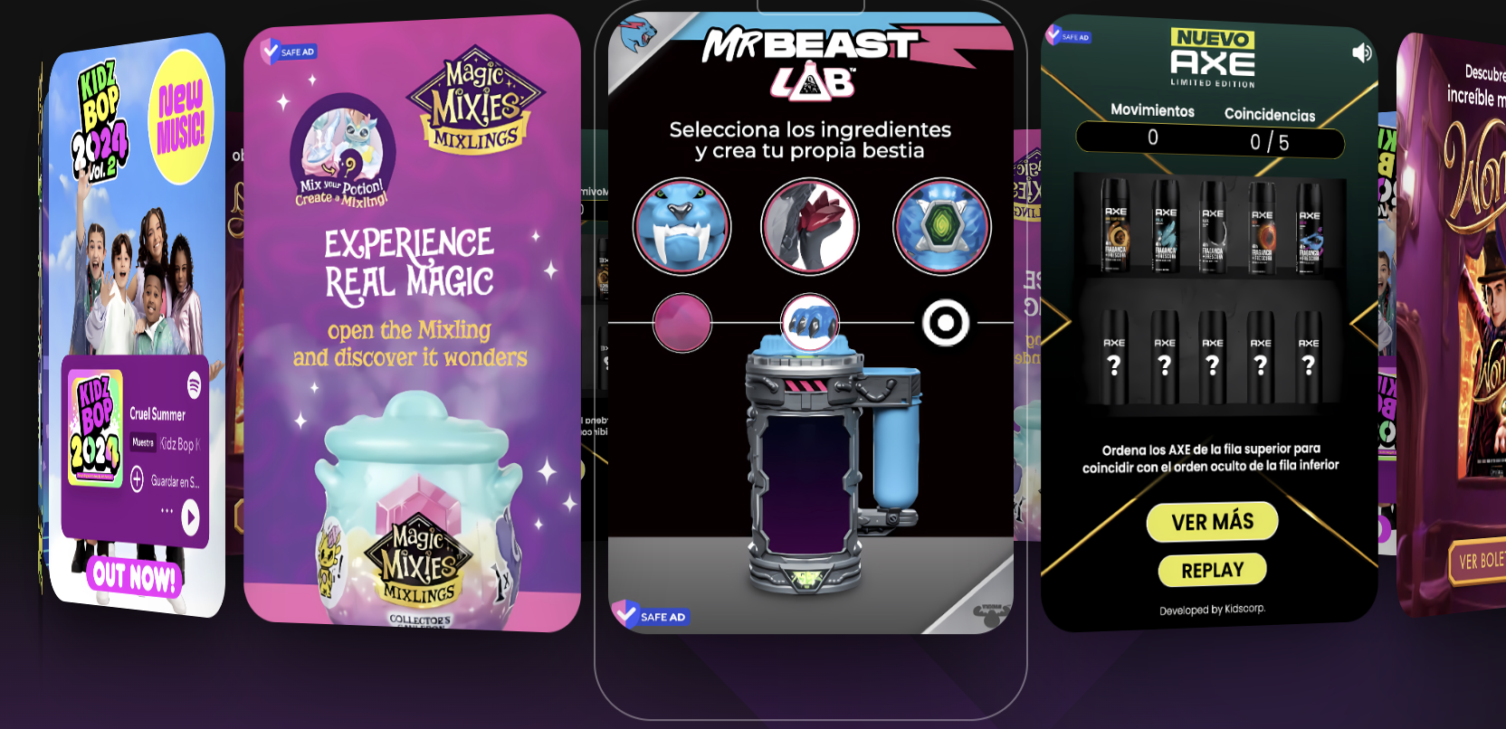 Ejemplos de creatividades nativas del Kidscorp Creative Studio