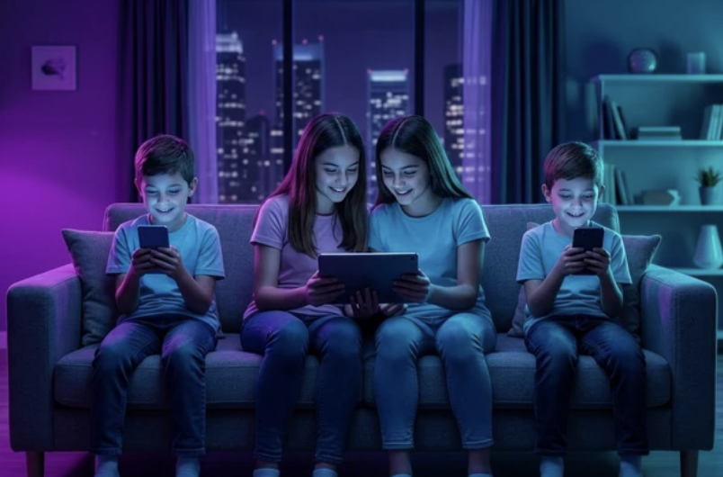 Niños y adolescentes usando celulares y una tablet de noche