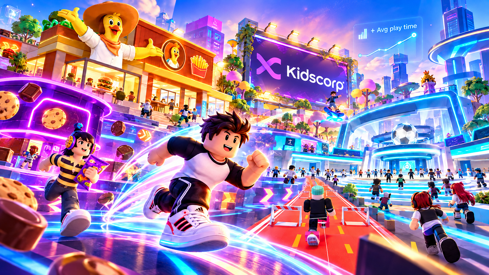 Escena de Roblox con avatares corriendo entre experiencias de marca, un cartel virtual de Kidscorp y un gráfico de tiempo de juego promedio