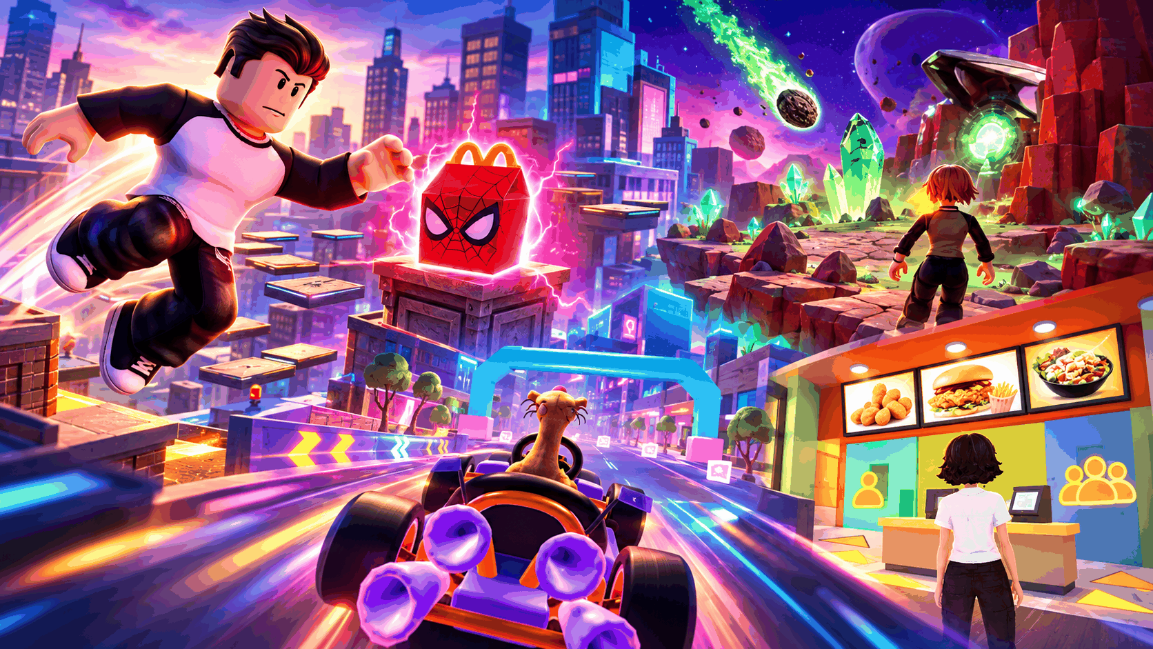 Scenes from branded Roblox experiences: urban parkour, kart racing and a food counter