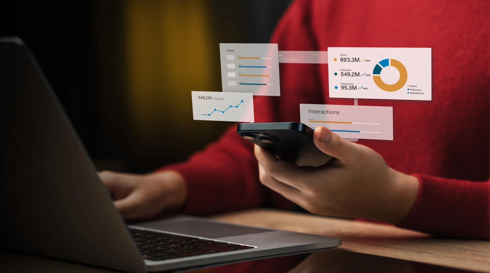 Persona con un celular frente a una notebook, con paneles flotantes de métricas de vistas, seguidores e interacciones