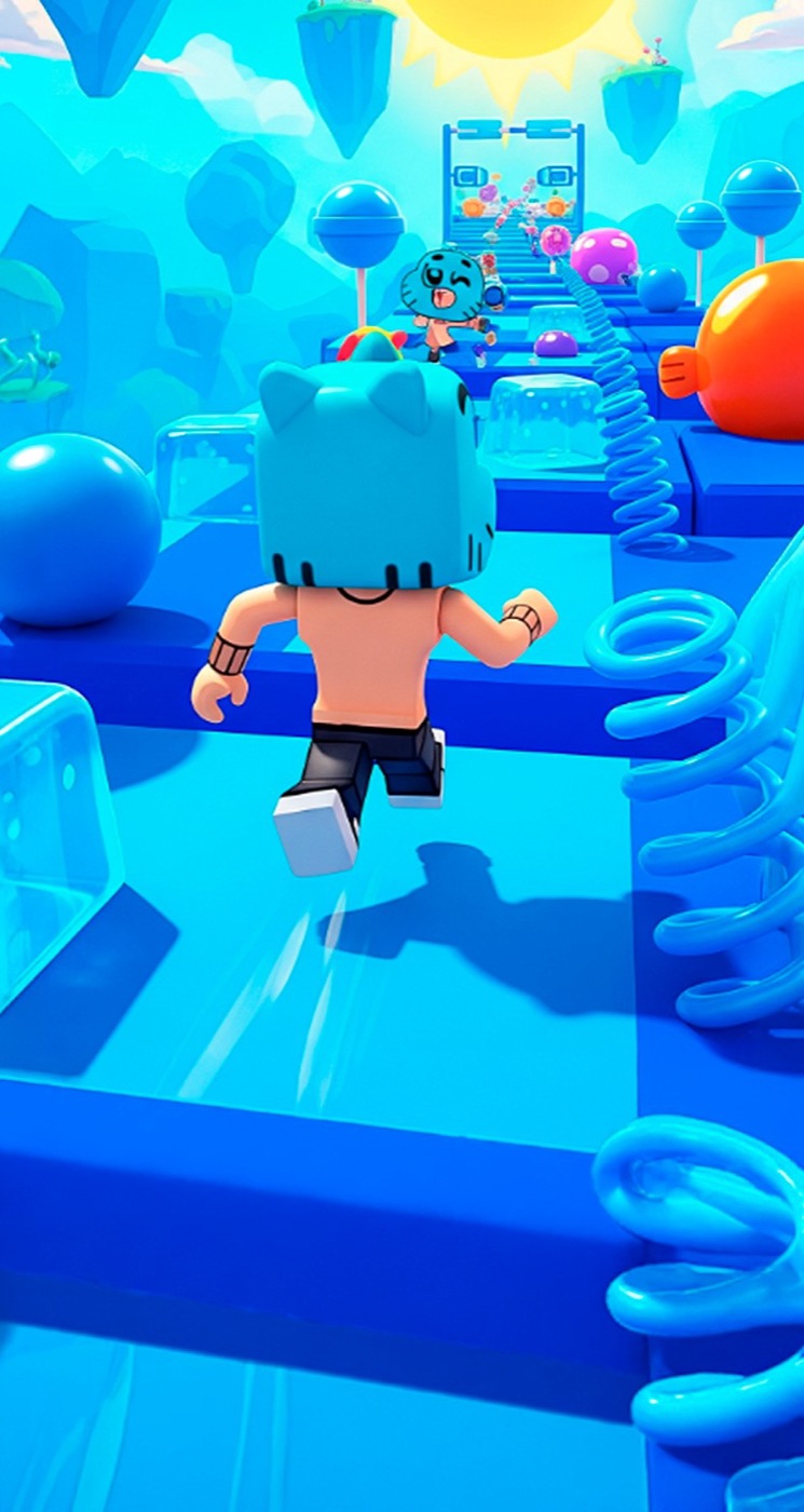 Minijuego de carrera de obstáculos en Roblox con un personaje de marca