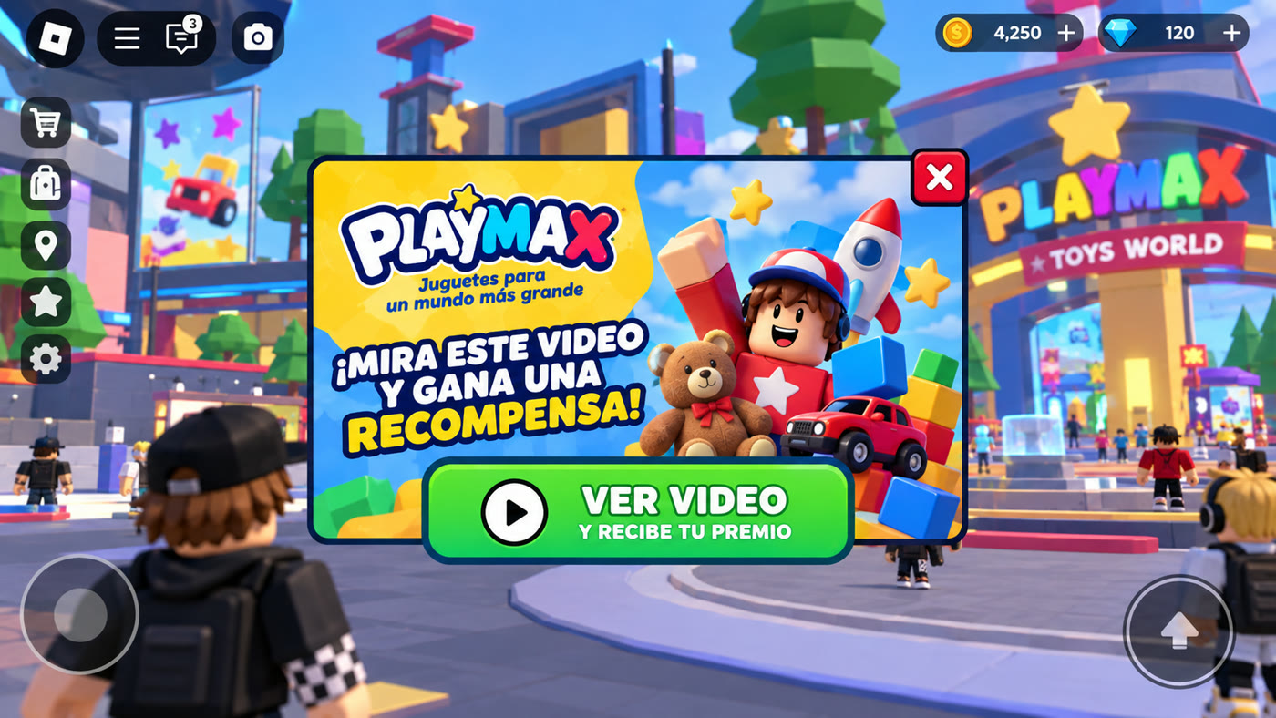 Video recompensado opt-in de Playmax que ofrece un premio dentro de un mundo de Roblox