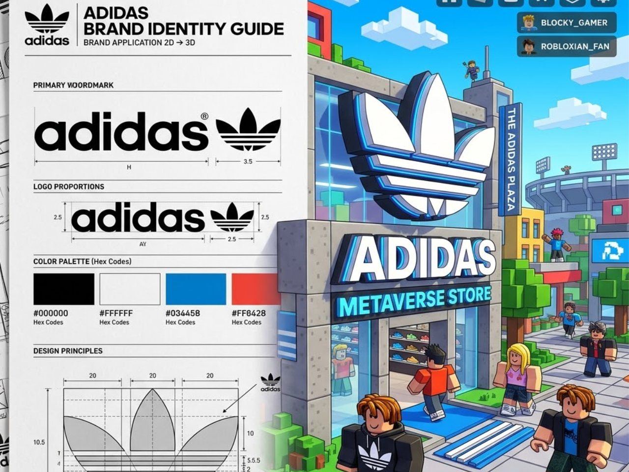 Brand identity guide translated into a 3D Roblox store
