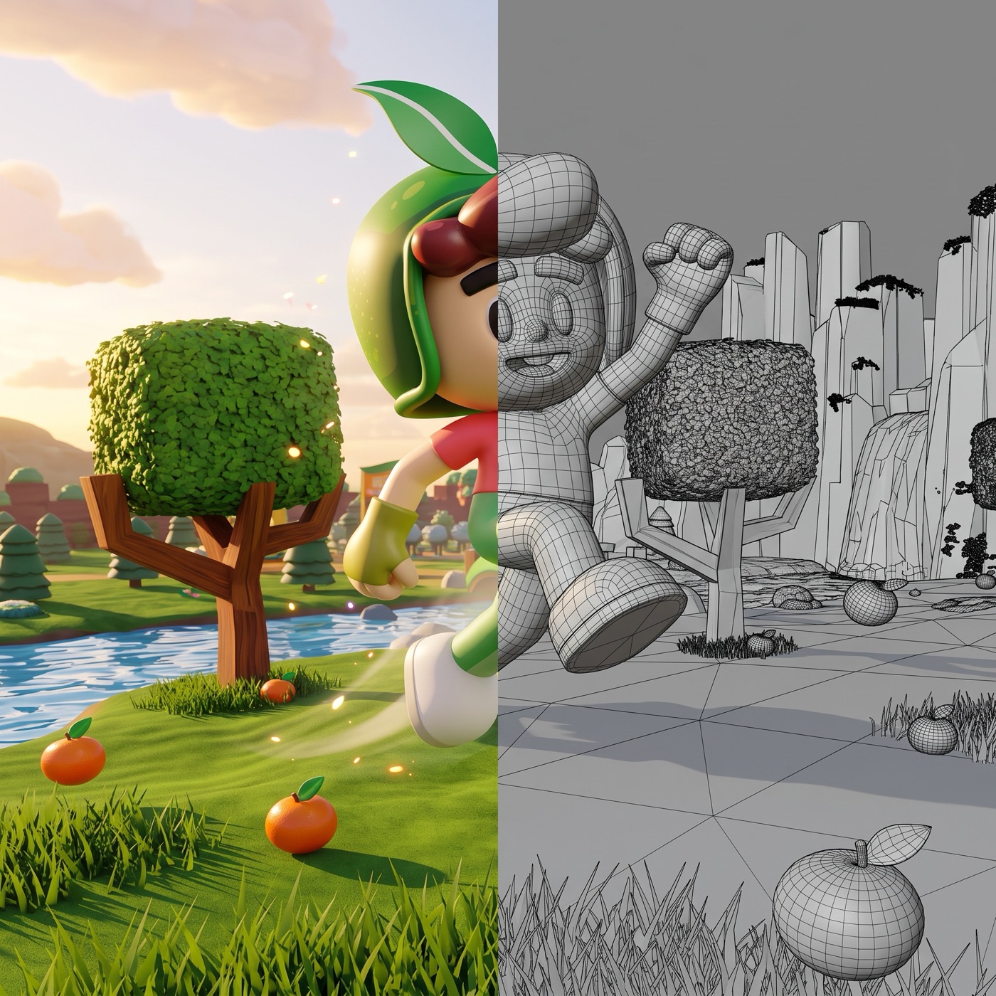 Personaje y mundo de marca renderizados a la izquierda y como modelo 3D wireframe a la derecha
